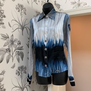 Designer silk stretchy blue grey top